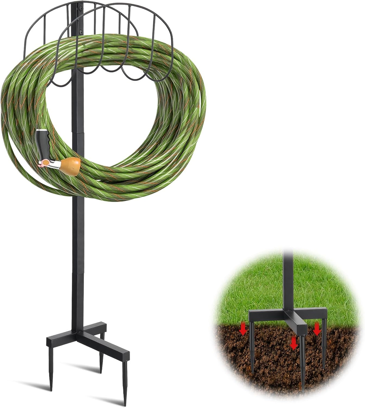 Outside Garden Hose Holder Freestanding Heavy Duty Metal Water Hose Stand Rack Holds 150Ft Detachable In Ground Hose Reel Stand for Lawn Yard Pipe Storage
