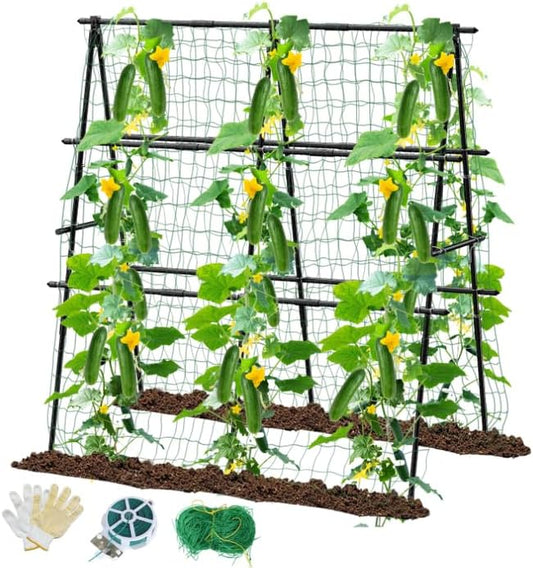 Cucumber Trellis, 47''X47'' A-Frame Cucumber Trellis for Raised Bed with Climbing Net, Metal Garden Trellis for Climbing Plants for Cucumber,Tomato, Grapes and Flowers
