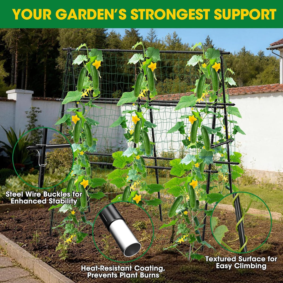 Cucumber Trellis, 47''X47'' A-Frame Cucumber Trellis for Raised Bed with Climbing Net, Metal Garden Trellis for Climbing Plants for Cucumber,Tomato, Grapes and Flowers