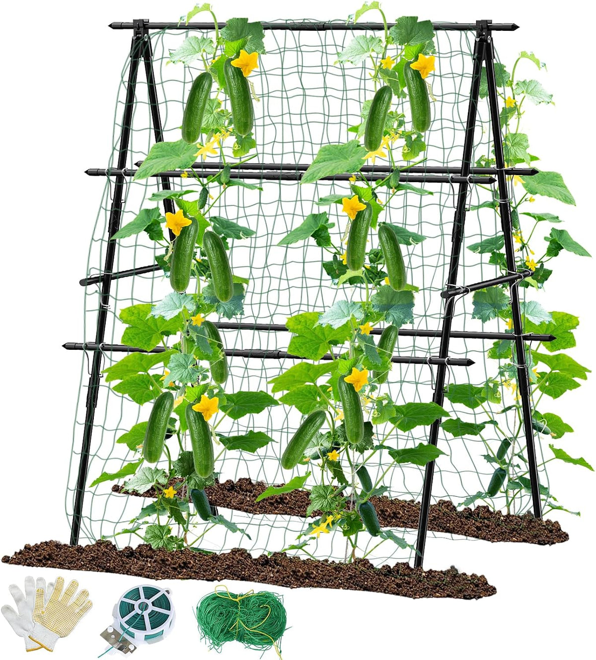Cucumber Trellis, 47''X47'' A-Frame Cucumber Trellis for Raised Bed with Climbing Net, Metal Garden Trellis for Climbing Plants for Cucumber,Tomato, Grapes and Flowers