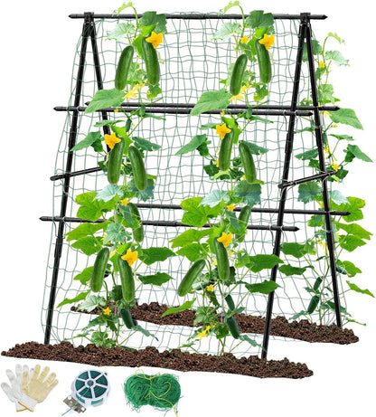 Cucumber Trellis, 47''X47'' A-Frame Cucumber Trellis for Raised Bed with Climbing Net, Metal Garden Trellis for Climbing Plants for Cucumber,Tomato, Grapes and Flowers