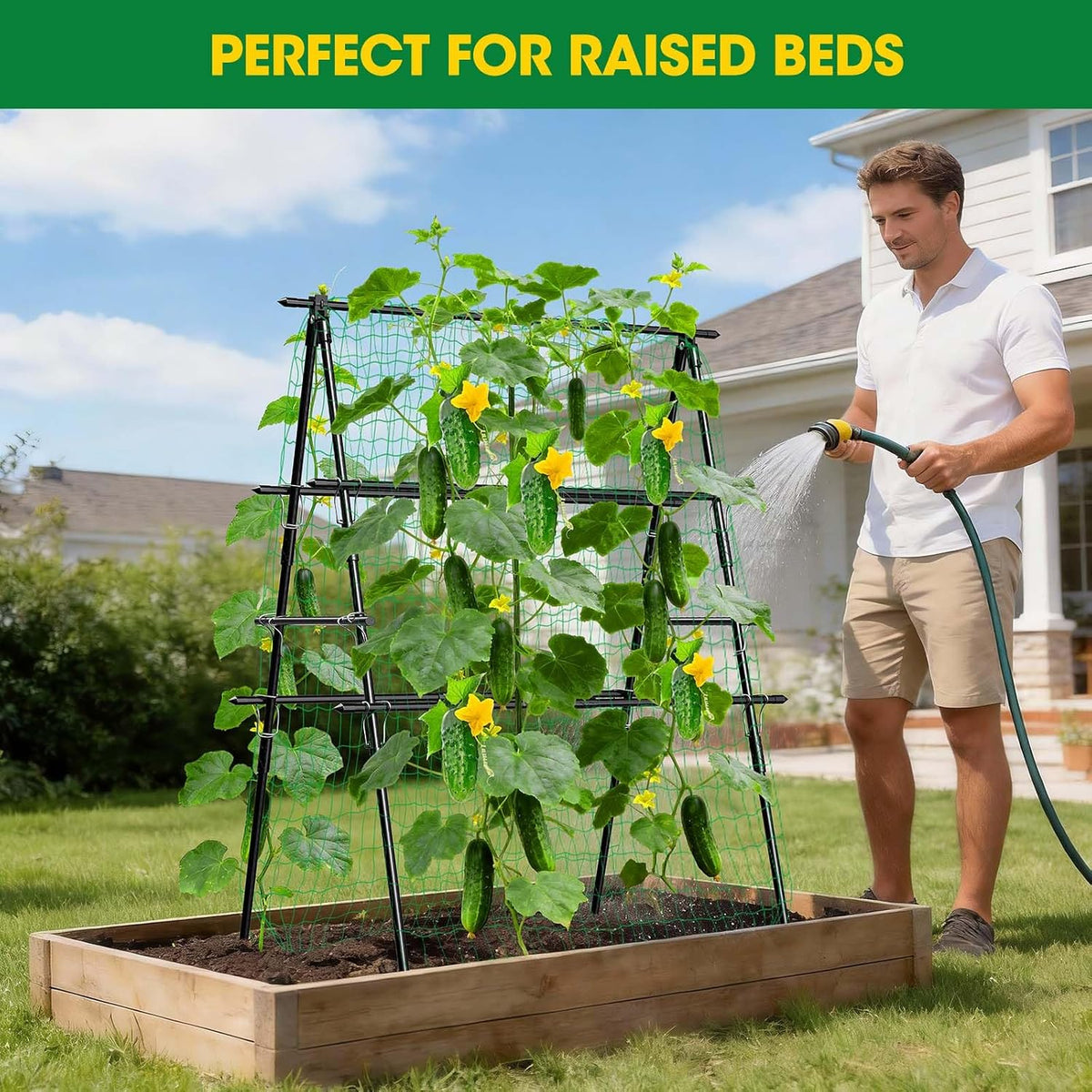 Cucumber Trellis, 47''X47'' A-Frame Cucumber Trellis for Raised Bed with Climbing Net, Metal Garden Trellis for Climbing Plants for Cucumber,Tomato, Grapes and Flowers
