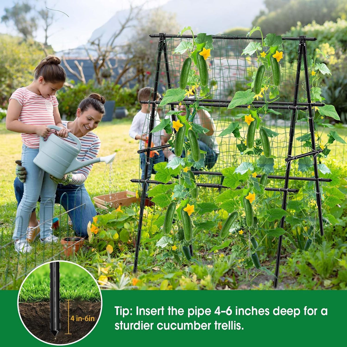 Cucumber Trellis, 47''X47'' A-Frame Cucumber Trellis for Raised Bed with Climbing Net, Metal Garden Trellis for Climbing Plants for Cucumber,Tomato, Grapes and Flowers
