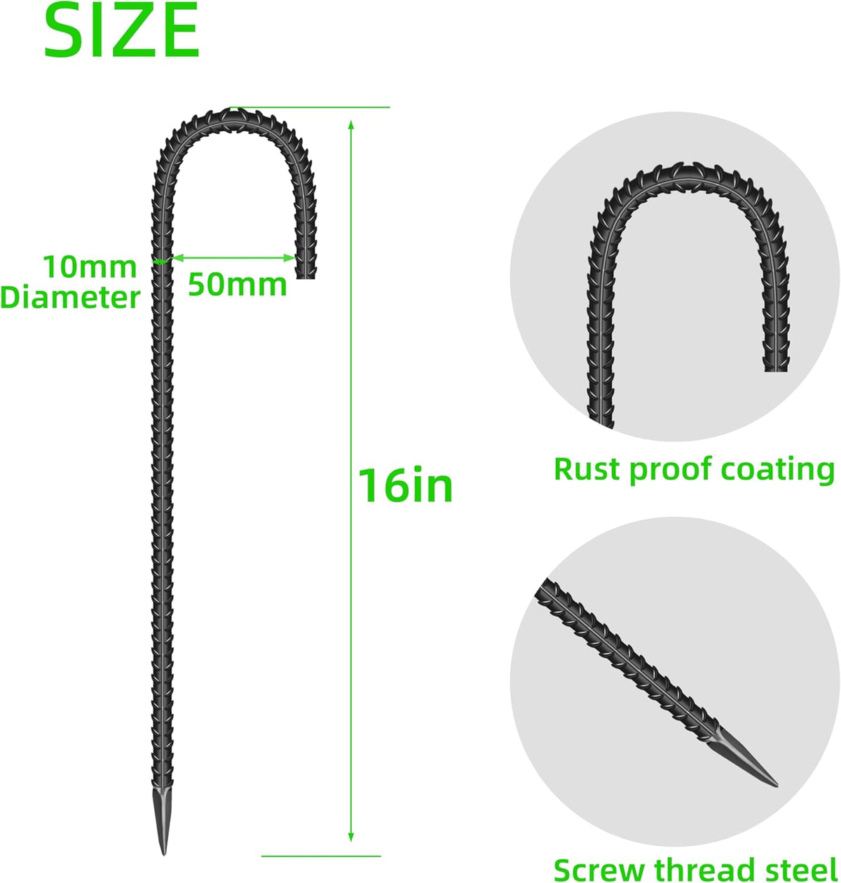 20 Pieces 12-Inch Garden Ground Stakes Galvanized Steel J Shape Hook Rebar Stakes - Heavy Duty Ground Anchors for Tents, Position Kits,Fences, and Trampolines