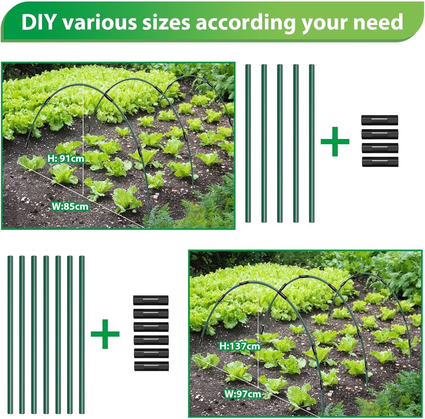 60Pcs Garden Hoops for Raised Beds, 12Sets Greenhouse Hoops Grow Tunnel, Rust-Free Fiberglass Support Hoops Frame for Netting Shade Cloth Cover, DIY Plant Support Garden Stakes