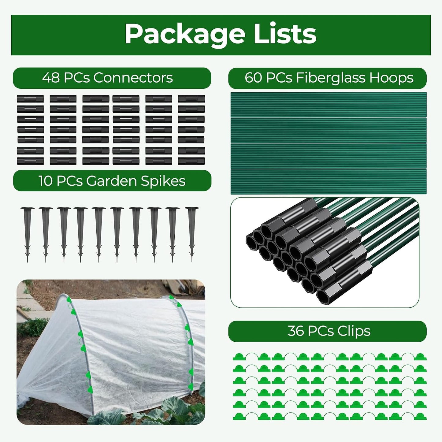 60Pcs Garden Hoops for Raised Beds, 12Sets Greenhouse Hoops Grow Tunnel, Rust-Free Fiberglass Support Hoops Frame for Netting Shade Cloth Cover, DIY Plant Support Garden Stakes