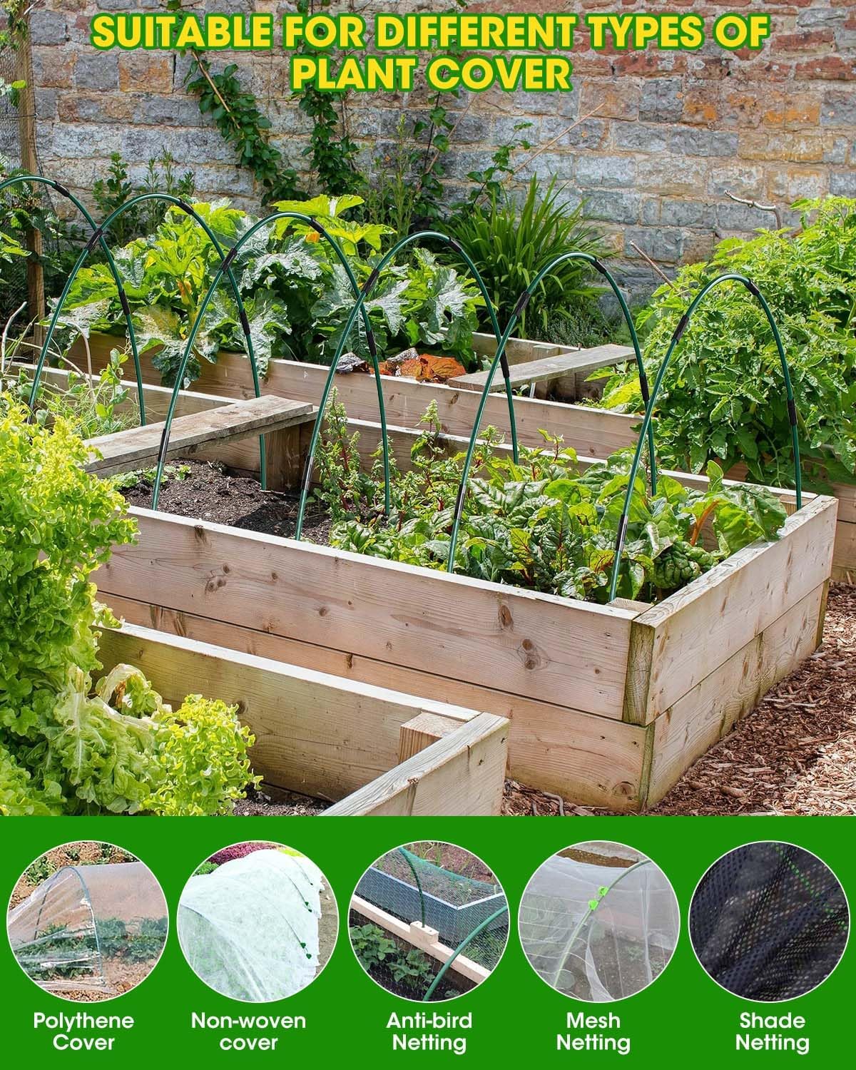 60Pcs Garden Hoops for Raised Beds, 12Sets Greenhouse Hoops Grow Tunnel, Rust-Free Fiberglass Support Hoops Frame for Netting Shade Cloth Cover, DIY Plant Support Garden Stakes