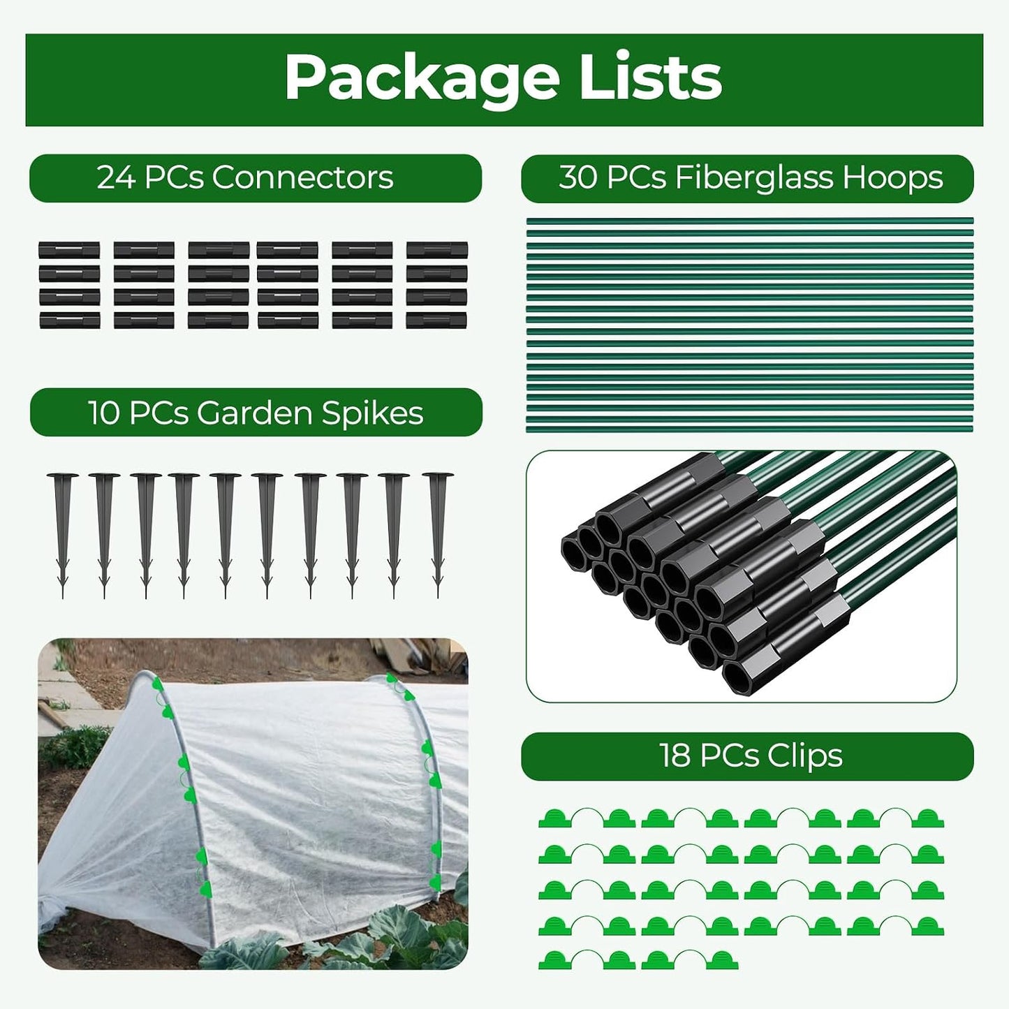 60Pcs Garden Hoops for Raised Beds, 12Sets Greenhouse Hoops Grow Tunnel, Rust-Free Fiberglass Support Hoops Frame for Netting Shade Cloth Cover, DIY Plant Support Garden Stakes