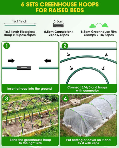 60Pcs Garden Hoops for Raised Beds, 12Sets Greenhouse Hoops Grow Tunnel, Rust-Free Fiberglass Support Hoops Frame for Netting Shade Cloth Cover, DIY Plant Support Garden Stakes