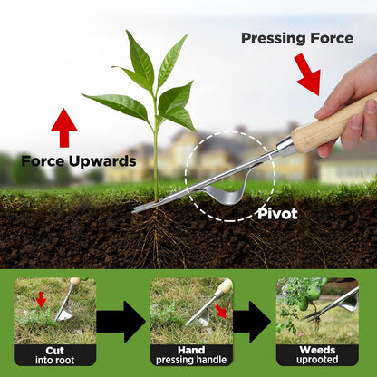 Weed Puller Tool, V-Shaped Forks and Metal Leverage Base