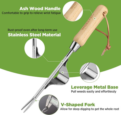 Weed Puller Tool, V-Shaped Forks and Metal Leverage Base