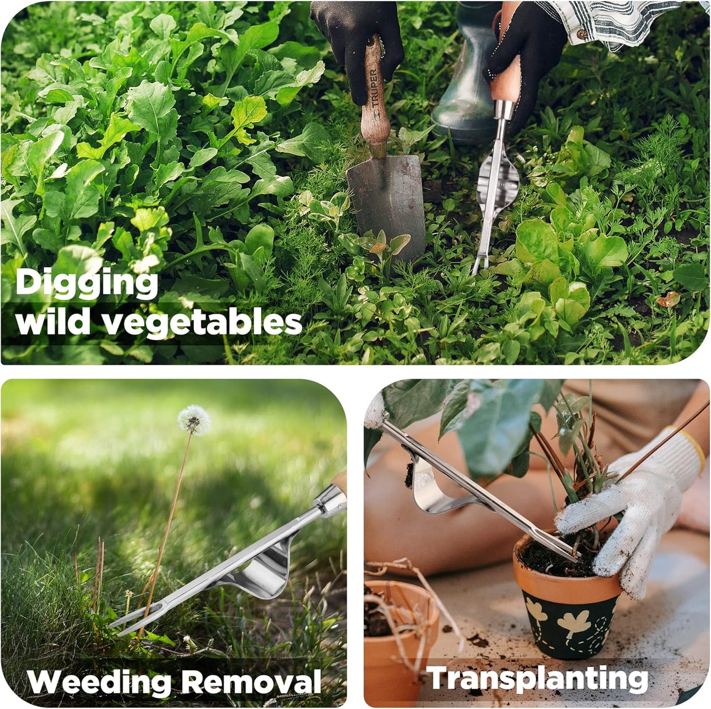 Weed Puller Tool, V-Shaped Forks and Metal Leverage Base