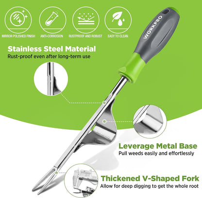 Weed Puller Tool, V-Shaped Forks and Metal Leverage Base