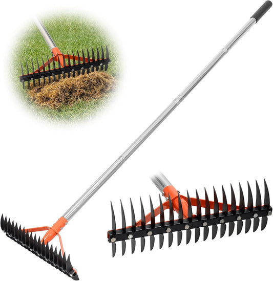 62.5 Inch Thatch Rake for Lawns 18 Sharp Tempered Spring Steel Tines