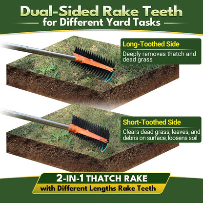 62.5 Inch Thatch Rake for Lawns 18 Sharp Tempered Spring Steel Tines