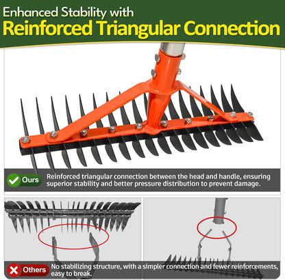 62.5 Inch Thatch Rake for Lawns 18 Sharp Tempered Spring Steel Tines