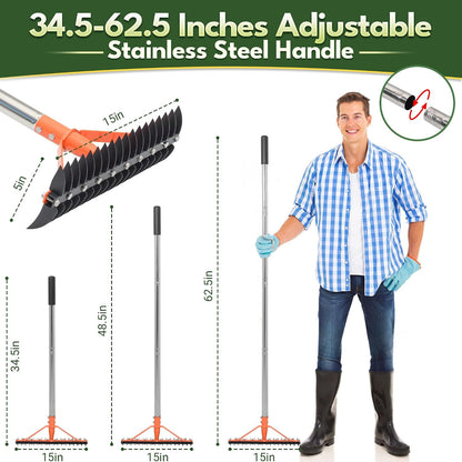 62.5 Inch Thatch Rake for Lawns 18 Sharp Tempered Spring Steel Tines