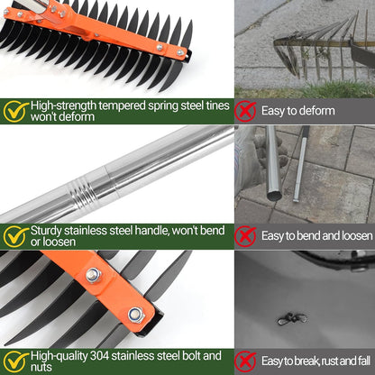 62.5 Inch Thatch Rake for Lawns 18 Sharp Tempered Spring Steel Tines