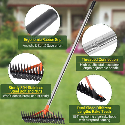 62.5 Inch Thatch Rake for Lawns 18 Sharp Tempered Spring Steel Tines