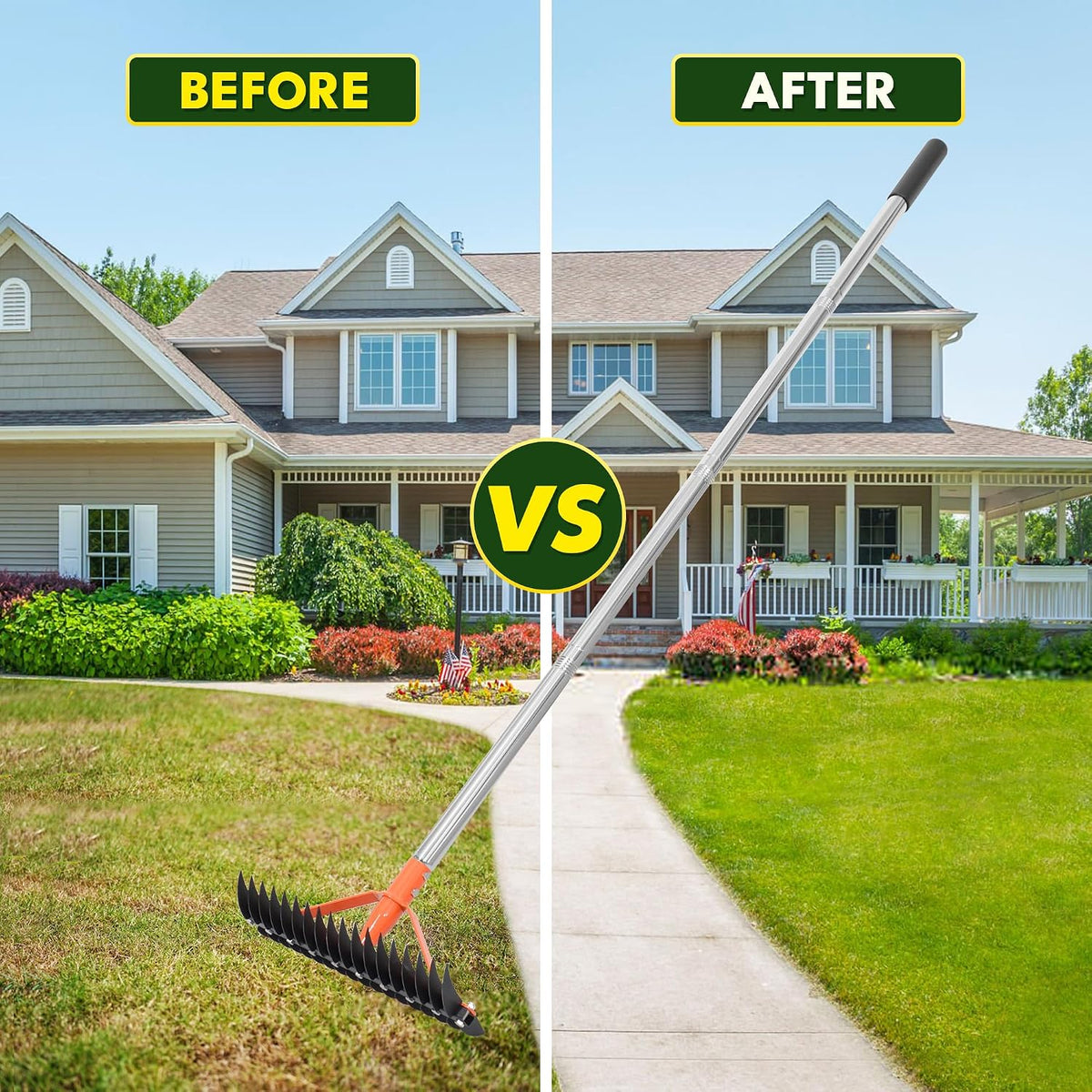 62.5 Inch Thatch Rake for Lawns 18 Sharp Tempered Spring Steel Tines