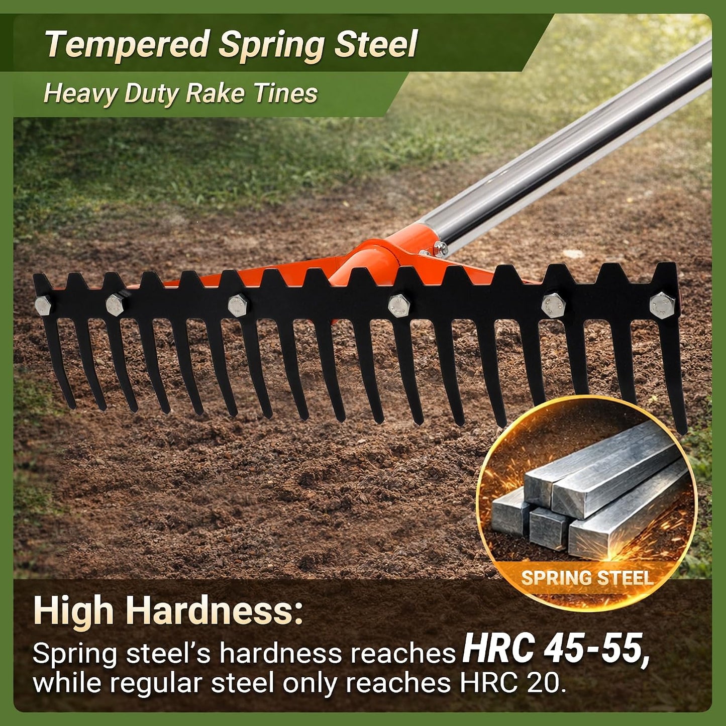 62.5 Inch Thatch Rake for Lawns 18 Sharp Tempered Spring Steel Tines