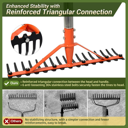62.5 Inch Thatch Rake for Lawns 18 Sharp Tempered Spring Steel Tines