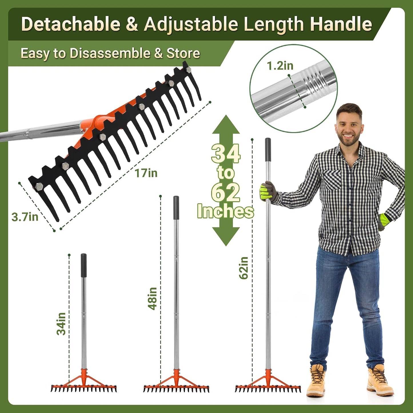62.5 Inch Thatch Rake for Lawns 18 Sharp Tempered Spring Steel Tines