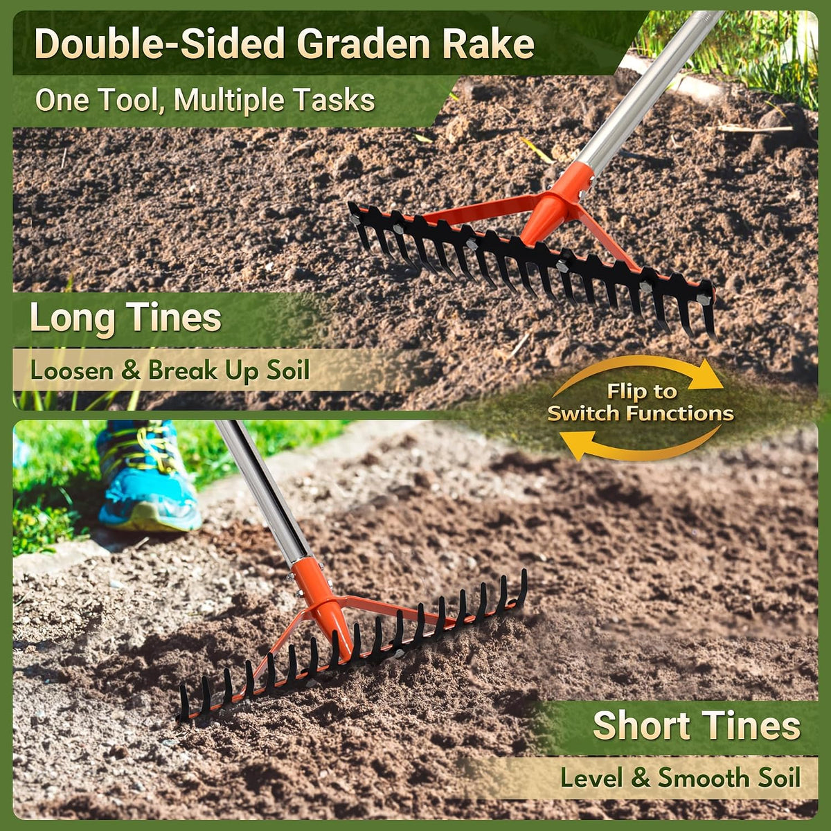 62.5 Inch Thatch Rake for Lawns 18 Sharp Tempered Spring Steel Tines