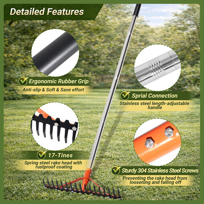 62.5 Inch Thatch Rake for Lawns 18 Sharp Tempered Spring Steel Tines