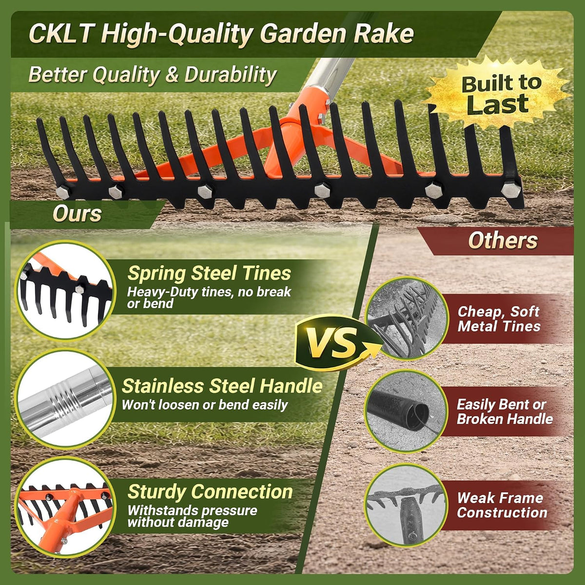 62.5 Inch Thatch Rake for Lawns 18 Sharp Tempered Spring Steel Tines