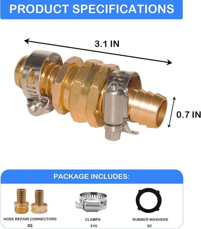 Garden Hose Repair Connector with Clamps, Fit for 3/4" or 5/8" Garden Hose Fitting, Male and Female Hose Adapter Water Hose Repair Kit, 5 Set