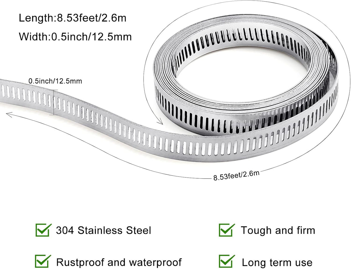 Hose Clamps, DIY 13 FT Metal Strap + 8 Fasteners, Hose Clamps Stainless Steel, Large Adjustable Hose Clamp Pipe Clamp for Pipe Automotive Mechanical Applications