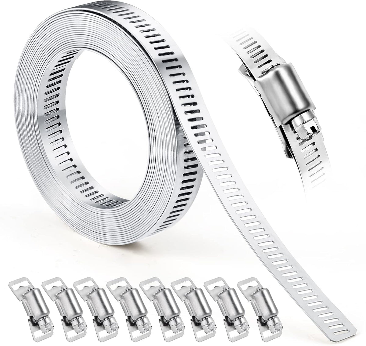 Hose Clamps, DIY 13 FT Metal Strap + 8 Fasteners, Hose Clamps Stainless Steel, Large Adjustable Hose Clamp Pipe Clamp for Pipe Automotive Mechanical Applications