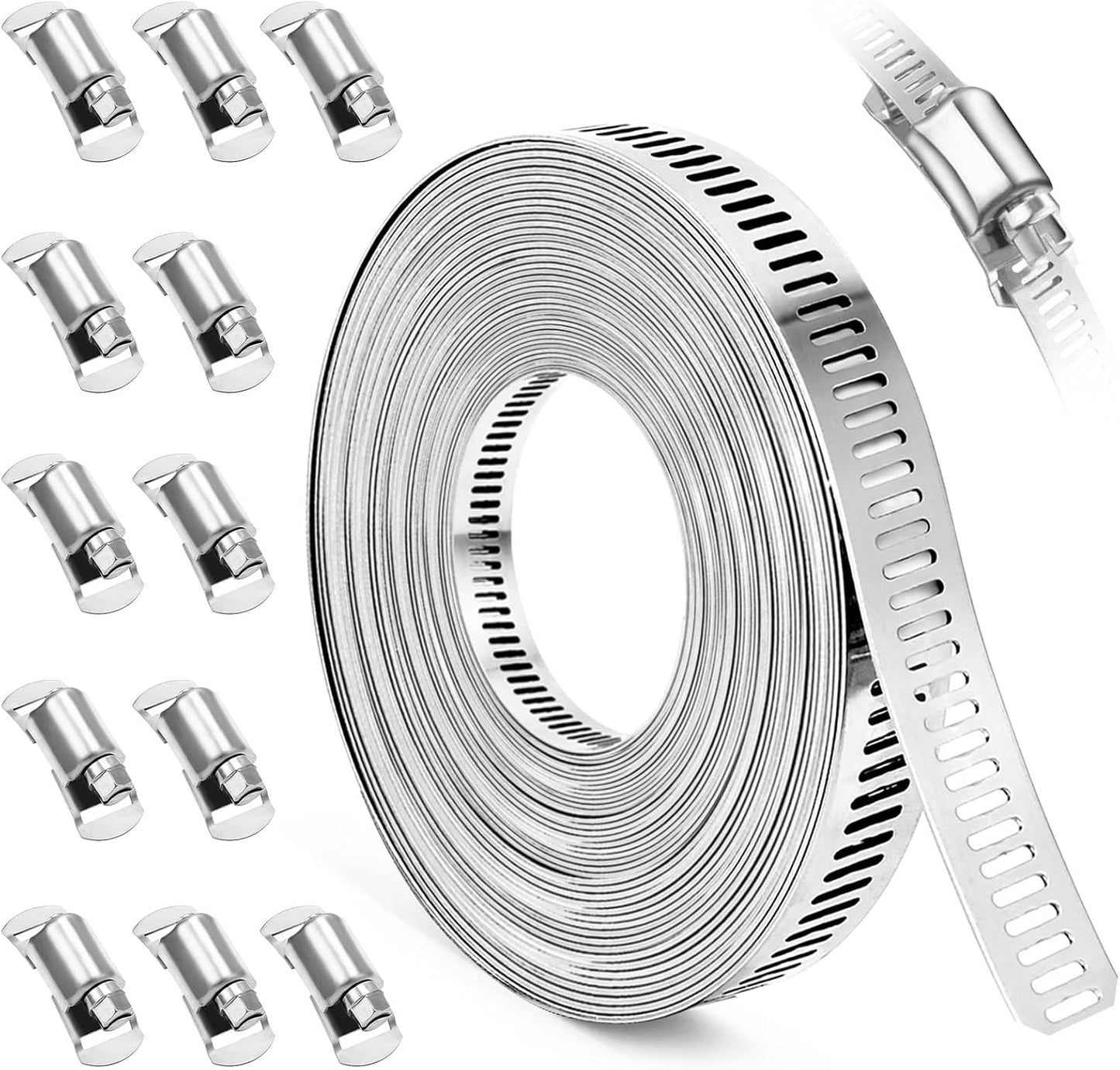Hose Clamps, DIY 13 FT Metal Strap + 8 Fasteners, Hose Clamps Stainless Steel, Large Adjustable Hose Clamp Pipe Clamp for Pipe Automotive Mechanical Applications