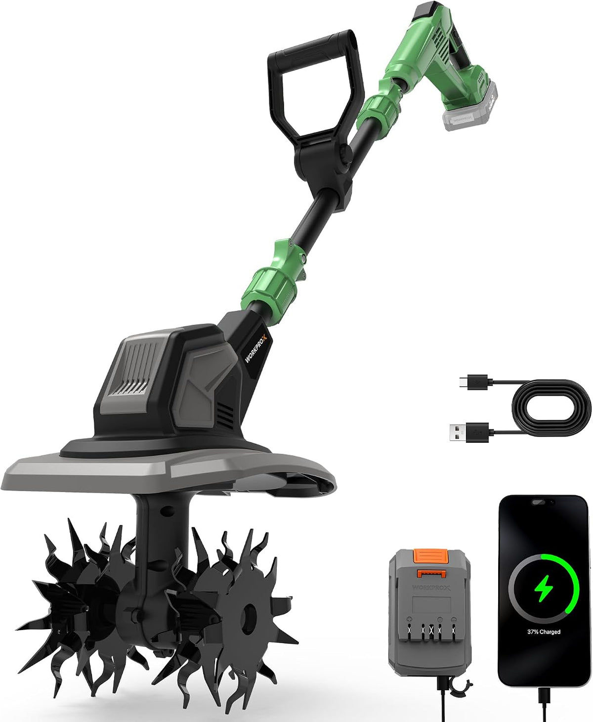 WORKPROX 20V Cordless Tiller Cultivator, Electric Garden Rototiller