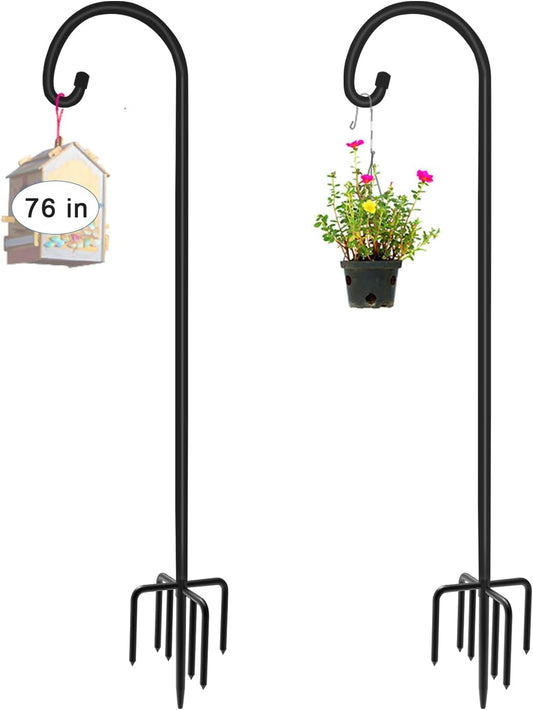 76 inch Outdoor Shepherd Hook with 7 Prong Base (2 Packs), Adjustable Heavy Duty Garden Hanging Stake for Bird Feeder Solar Light Plant Hanger Wedding Decor, Matte Black