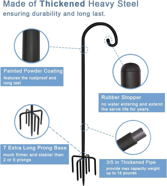 76 inch Outdoor Shepherd Hook with 7 Prong Base (2 Packs), Adjustable Heavy Duty Garden Hanging Stake for Bird Feeder Solar Light Plant Hanger Wedding Decor, Matte Black
