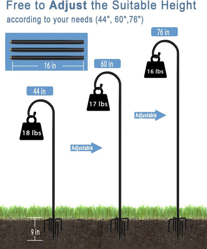 76 inch Outdoor Shepherd Hook with 7 Prong Base (2 Packs), Adjustable Heavy Duty Garden Hanging Stake for Bird Feeder Solar Light Plant Hanger Wedding Decor, Matte Black