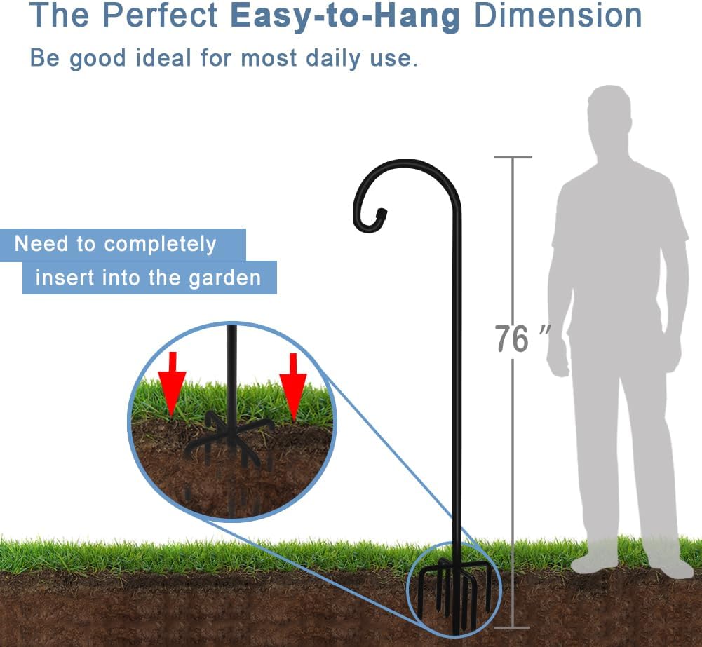 76 inch Outdoor Shepherd Hook with 7 Prong Base (2 Packs), Adjustable Heavy Duty Garden Hanging Stake for Bird Feeder Solar Light Plant Hanger Wedding Decor, Matte Black