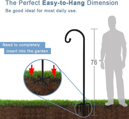 76 inch Outdoor Shepherd Hook with 7 Prong Base (2 Packs), Adjustable Heavy Duty Garden Hanging Stake for Bird Feeder Solar Light Plant Hanger Wedding Decor, Matte Black