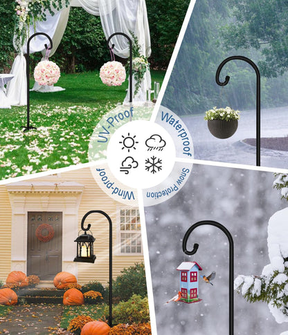 76 inch Outdoor Shepherd Hook with 7 Prong Base (2 Packs), Adjustable Heavy Duty Garden Hanging Stake for Bird Feeder Solar Light Plant Hanger Wedding Decor, Matte Black