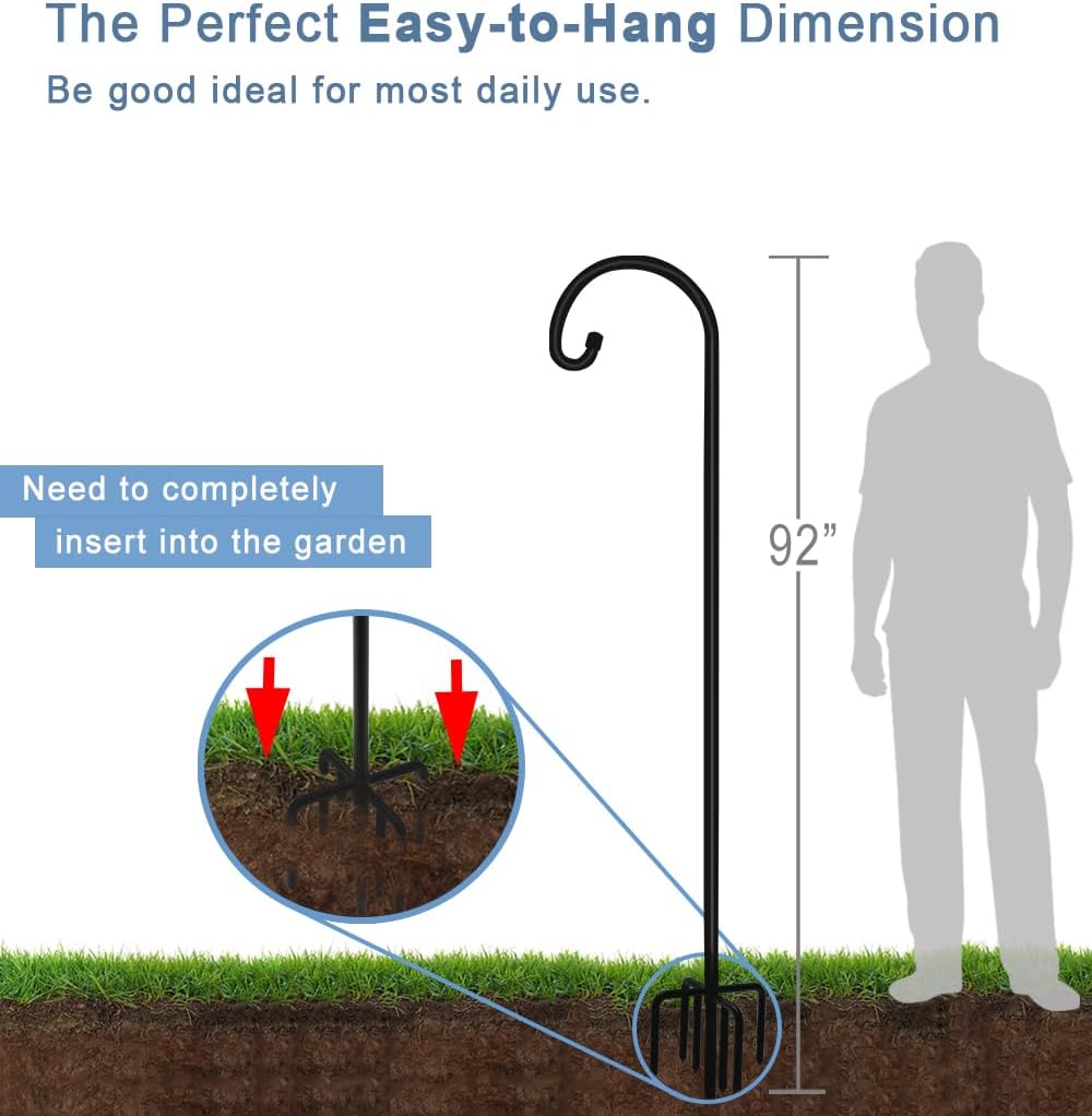 76 inch Outdoor Shepherd Hook with 7 Prong Base (2 Packs), Adjustable Heavy Duty Garden Hanging Stake for Bird Feeder Solar Light Plant Hanger Wedding Decor, Matte Black