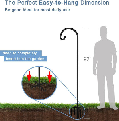 76 inch Outdoor Shepherd Hook with 7 Prong Base (2 Packs), Adjustable Heavy Duty Garden Hanging Stake for Bird Feeder Solar Light Plant Hanger Wedding Decor, Matte Black