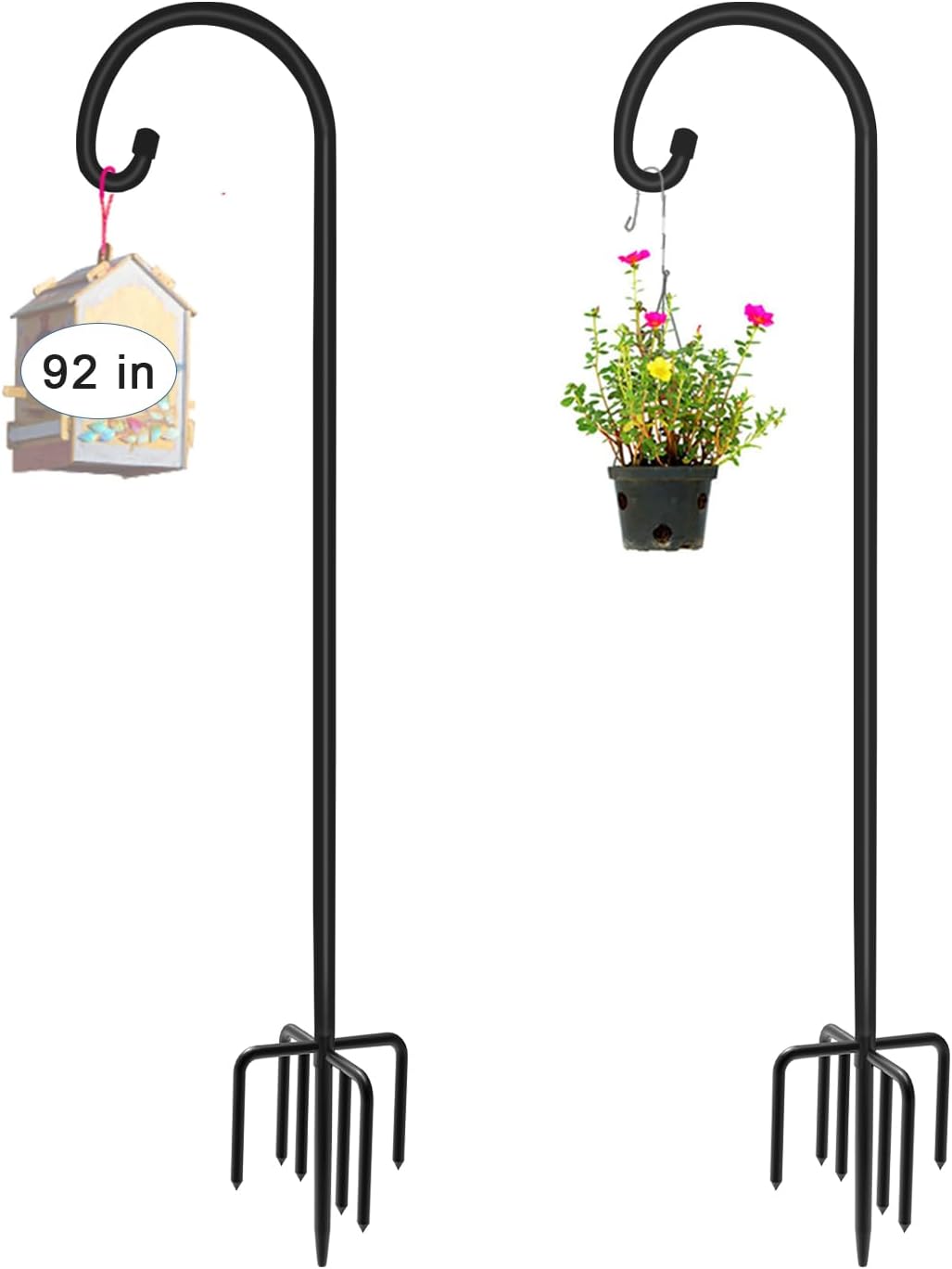 76 inch Outdoor Shepherd Hook with 7 Prong Base (2 Packs), Adjustable Heavy Duty Garden Hanging Stake for Bird Feeder Solar Light Plant Hanger Wedding Decor, Matte Black
