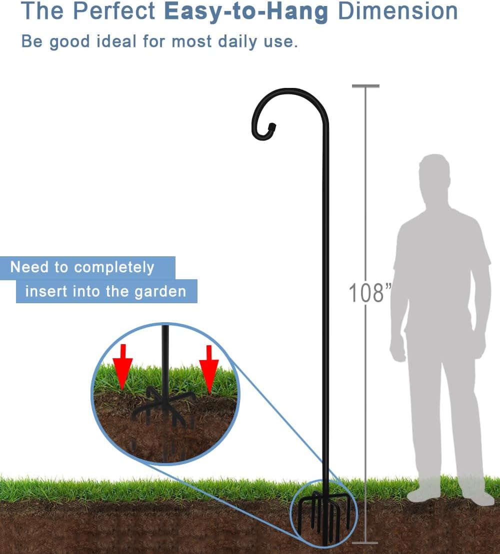 76 inch Outdoor Shepherd Hook with 7 Prong Base (2 Packs), Adjustable Heavy Duty Garden Hanging Stake for Bird Feeder Solar Light Plant Hanger Wedding Decor, Matte Black