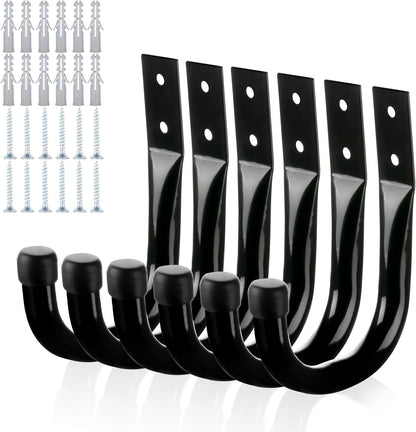 Wall Hooks for Garage Garden, 4 Pack Water Hose Holder, Large Garage Storage Hanger for Ladder Bike Extension Cord Tool, Wall Mount l Hooks, Black Heavy Duty 8 inch Long Hook
