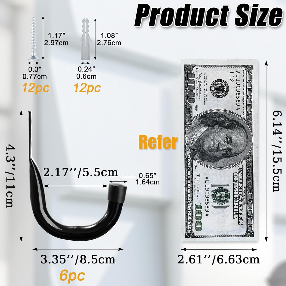 Wall Hooks for Garage Garden, 4 Pack Water Hose Holder, Large Garage Storage Hanger for Ladder Bike Extension Cord Tool, Wall Mount l Hooks, Black Heavy Duty 8 inch Long Hook