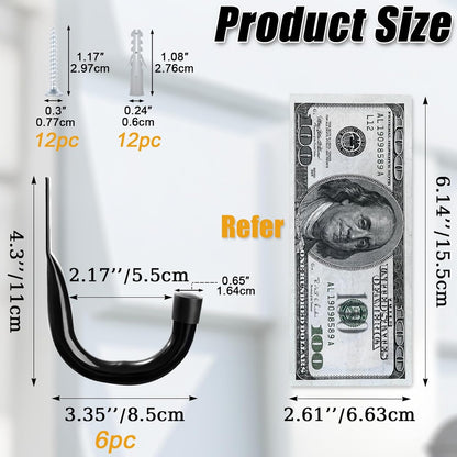 Wall Hooks for Garage Garden, 4 Pack Water Hose Holder, Large Garage Storage Hanger for Ladder Bike Extension Cord Tool, Wall Mount l Hooks, Black Heavy Duty 8 inch Long Hook