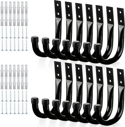 Wall Hooks for Garage Garden, 4 Pack Water Hose Holder, Large Garage Storage Hanger for Ladder Bike Extension Cord Tool, Wall Mount l Hooks, Black Heavy Duty 8 inch Long Hook
