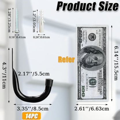 Wall Hooks for Garage Garden, 4 Pack Water Hose Holder, Large Garage Storage Hanger for Ladder Bike Extension Cord Tool, Wall Mount l Hooks, Black Heavy Duty 8 inch Long Hook